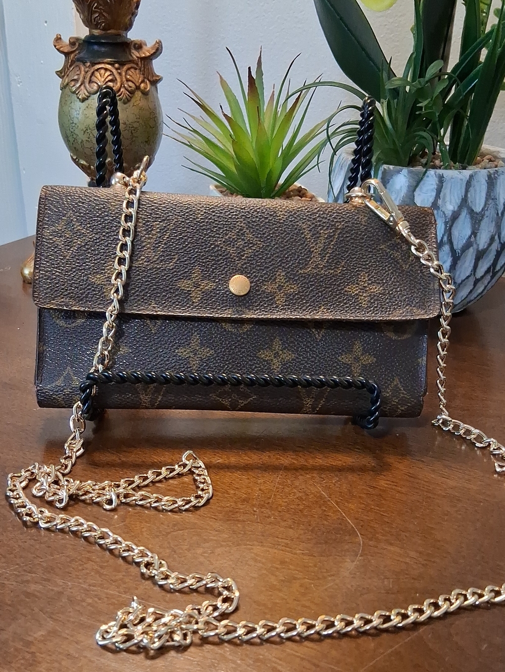 Louis Vuitton Monogram Crossbody Wallet in Brown with Gold Hardware